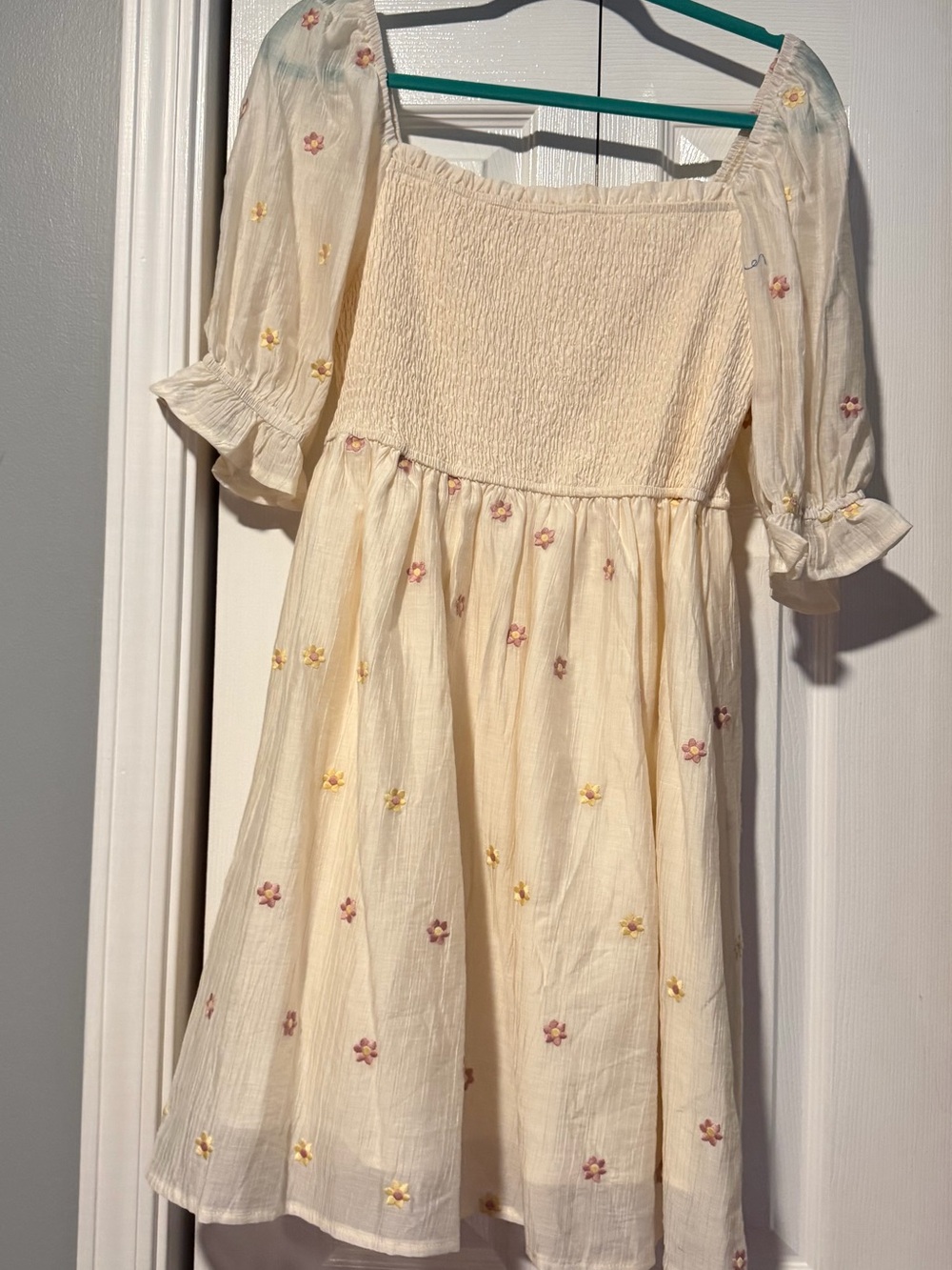 NWOT Cream Floral Embroidered Smocked Dress